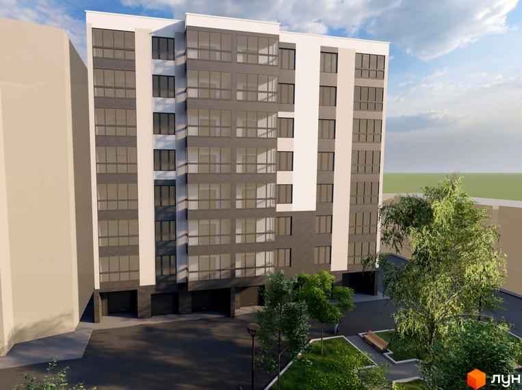 Зовнішній вигляд новобудови на вулиці Короля Данила, 3а, з сірими та білими фасадами, великими вікнами та прибудинковою територією із зеленими насадженнями та лавкою.