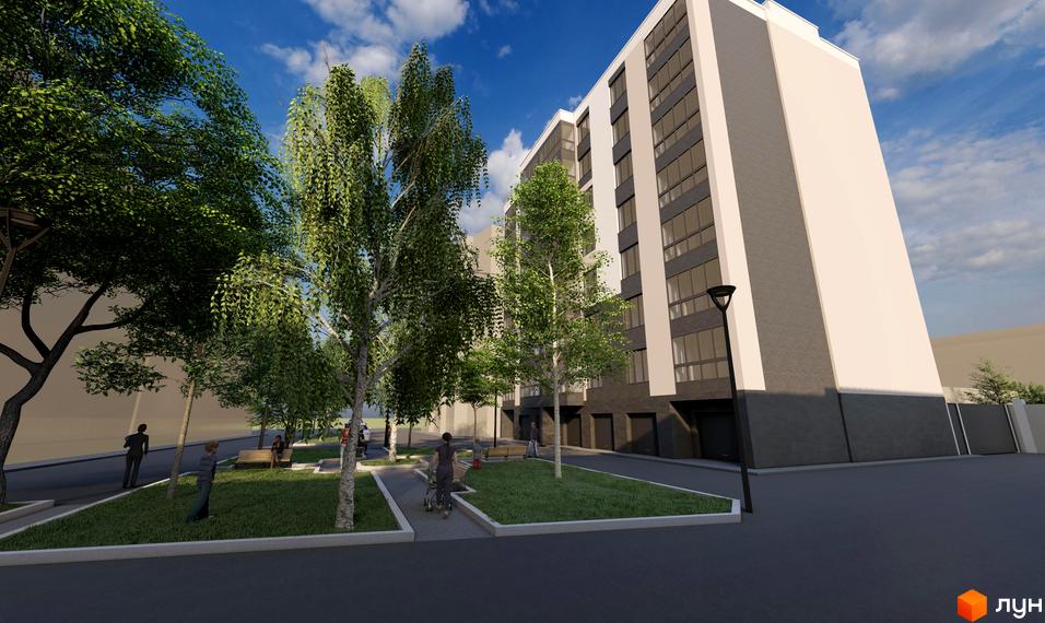 Зовнішній вигляд новобудови на вулиці Короля Данила, 3а, з прибудинковою територією та зеленими насадженнями. Фотографія демонструє фасад будівлі та зону відпочинку з лавками та деревами.