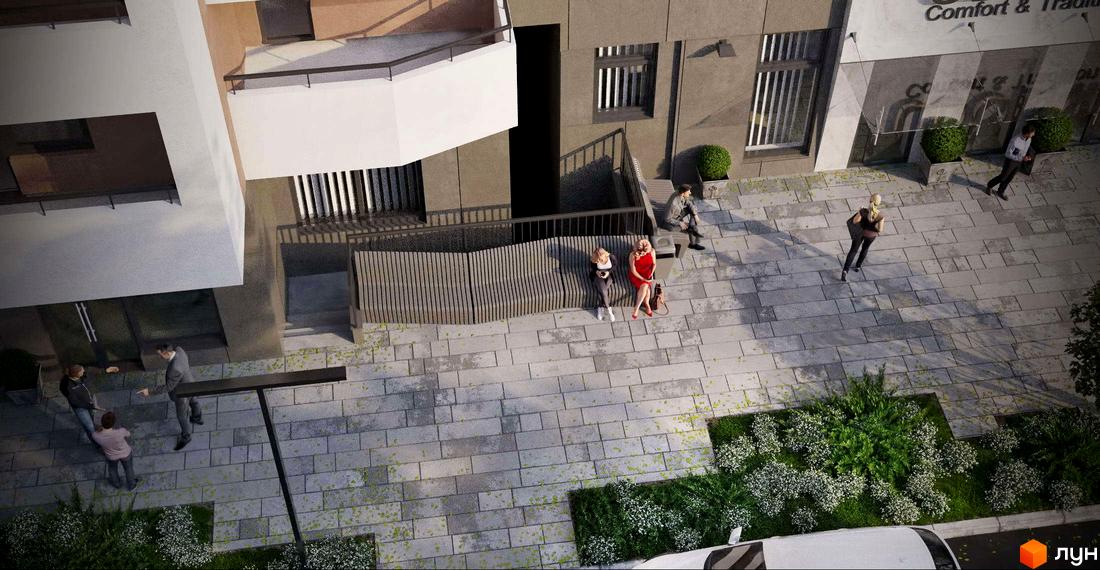 Житловий комплекс з терасами та вхідною групою. На території тротуарна плитка, лавки, зелені насадження та люди.