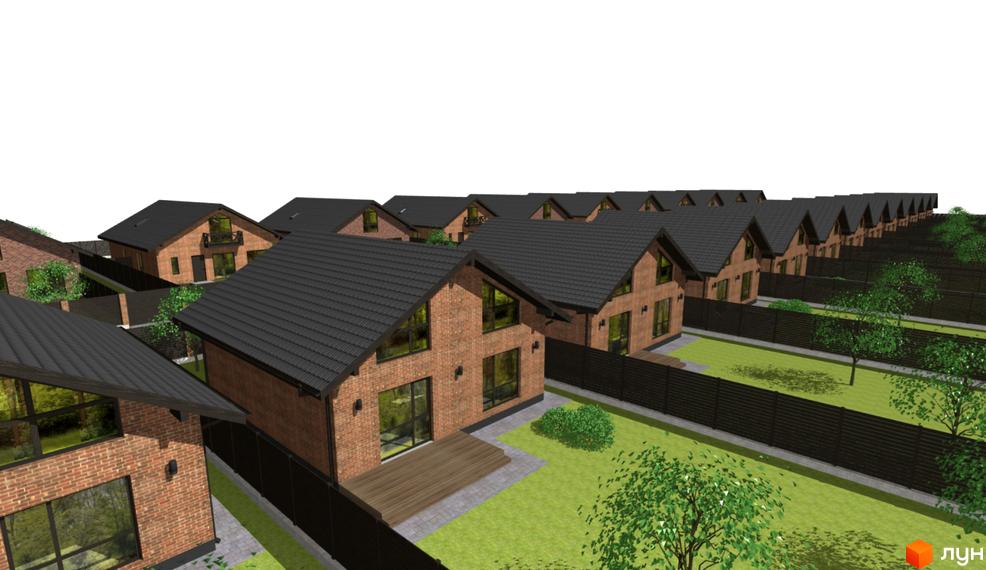 Ряд цегляних будинків з чорними дахами та великими вікнами. На прибудинковій території газон, дерева та паркан.