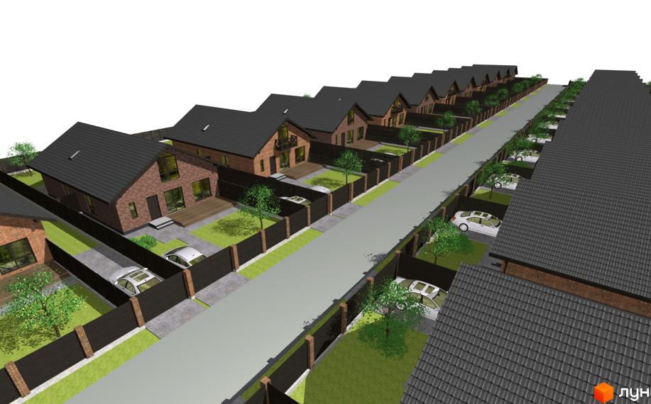 Зображення житлового будинку з цегляним фасадом та темним дахом. На прибудинковій території є парковка для автомобілів та зелені насадження.