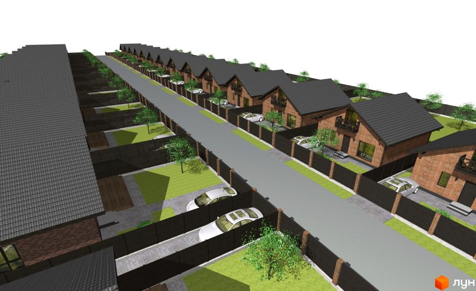 Котеджне містечко Південна Баварія. Цегляні будинки з темною покрівлею та паркуванням для авто, огороджені парканом, з зеленими газонами та деревами.