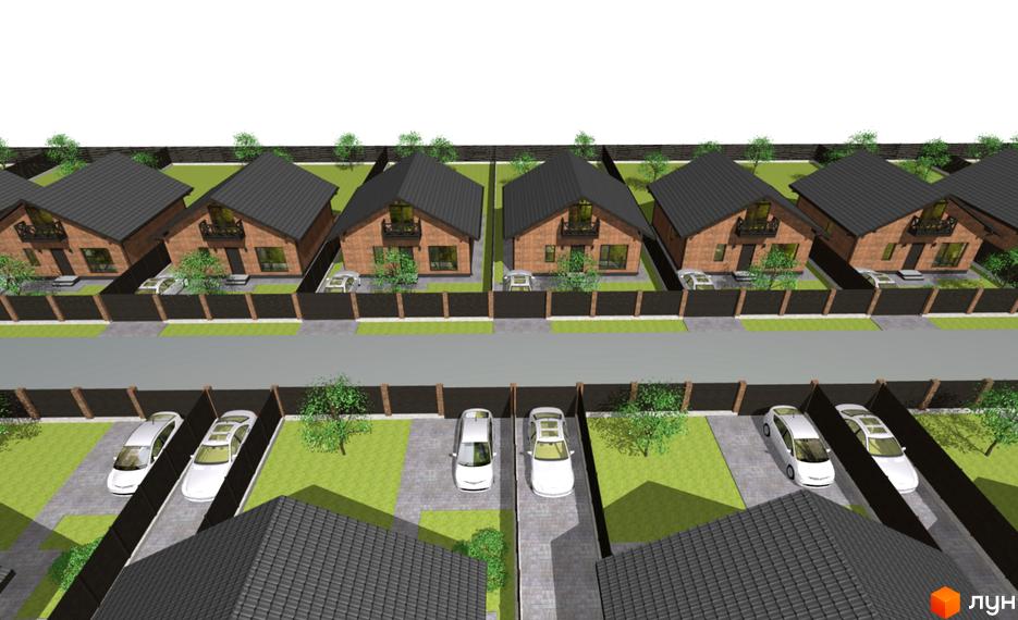 Ряд цегляних будинків з темними дахами та окремими паркомісцями у Містечку котеджів Південна Баварія. Зелені газони та дерева доповнюють архітектуру.