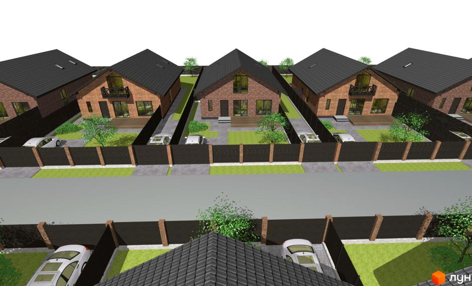 Зображення сторінки Котеджне містечко Південна Баварія. Цегляні будинки з темною покрівлею та огородженою прибудинковою територією з газоном та місцем для паркування.