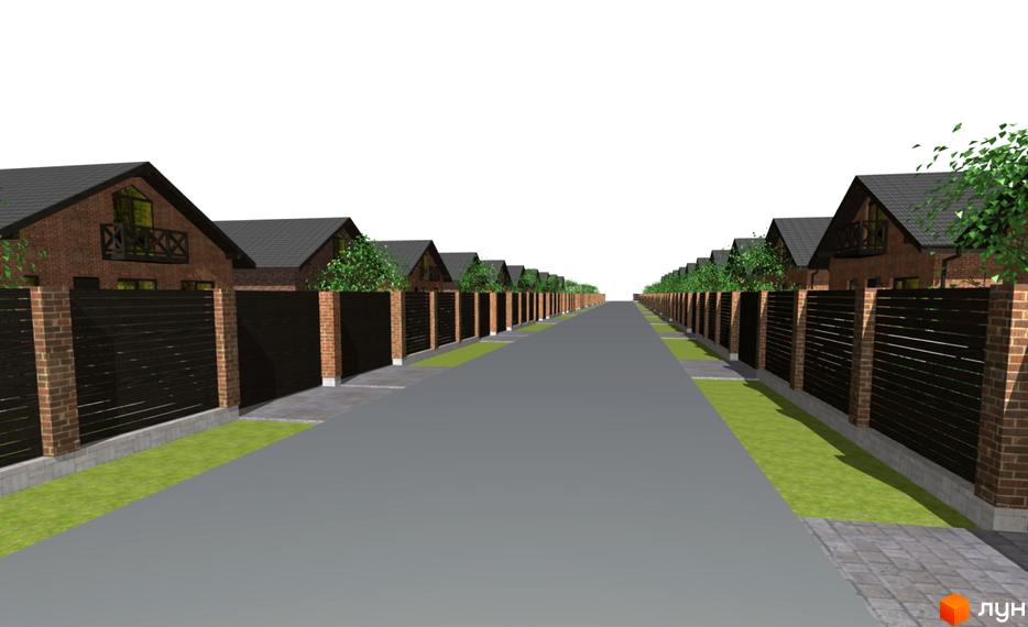 Котеджне містечко Південна Баварія: ряд будинків з цегляними фасадами та темними дахами, огороджені парканами з секціями з дерева та цегли, з доглянутими газонами.