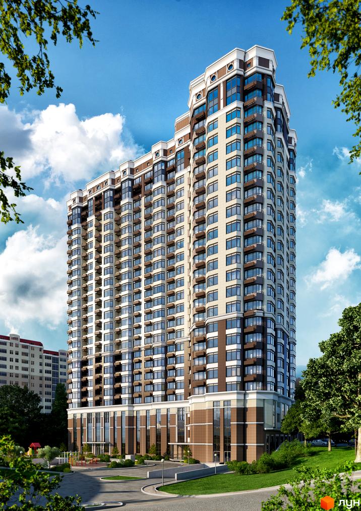 Зовнішній вигляд новобудови ЖК Аристократ з численними балконами та панорамними вікнами. Прибудинкова територія з дитячим майданчиком та зеленими насадженнями.