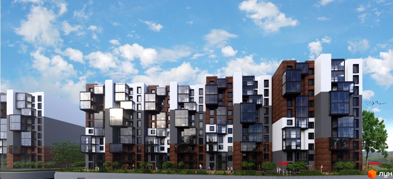 Високоповерховий будинок з скляними балконами та терасами. На території комплексу є дитячий майданчик, зелені насадження та місця для відпочинку.