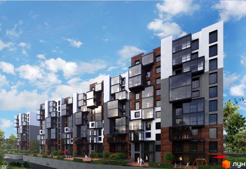 Багатоповерховий будинок ЖК Науковий з скляними балконами та терасами. На території комплексу є дитячий майданчик, зелені насадження та місця для відпочинку.