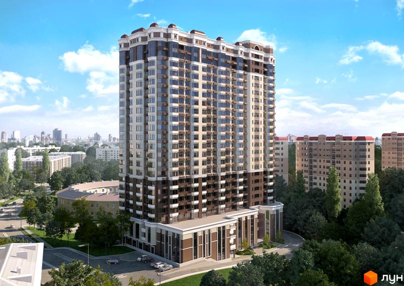 Житловий комплекс Аристократ - висотна новобудова з коричнево-білим фасадом, балконами та купольним дахом. Навколо комплексу зелені дерева та міський пейзаж.