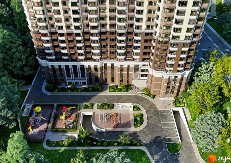 Житловий комплекс Аристократ: висотна новобудова з коричневими та білими фасадами, балконами та великими вікнами. Прибудинкова територія з дитячими майданчиками, зонами відпочинку та парковкою.