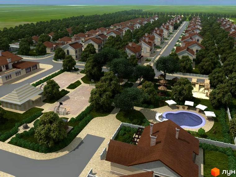 Зображення житлового комплексу Fresh Town. На фото видно будинки з коричневими дахами та доглянутою прибудинковою територією з басейном, спортивним майданчиком та зеленими насадженнями.