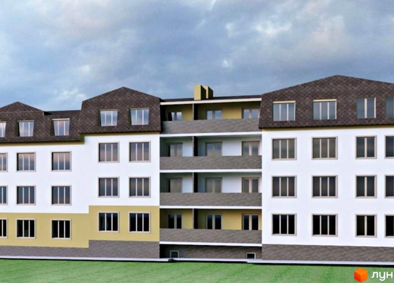 Зображення сторінки житлового комплексу Озерний. Багатоповерховий будинок з білими стінами, темним дахом та великими вікнами. Перед будинком зелена трава.