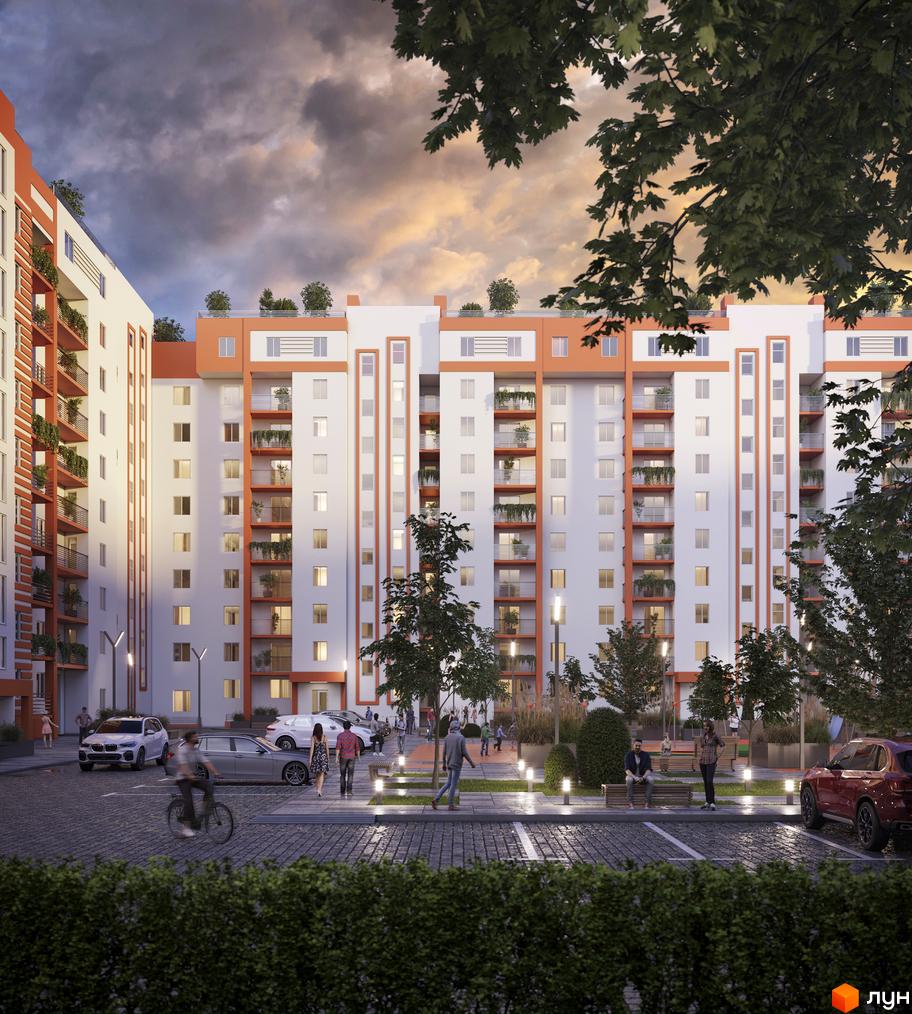 Житловий комплекс Апельсин: багатоповерхові будинки з білими фасадами та помаранчевими елементами, балконами з рослинами. На території є парковка, зелені зони та люди.