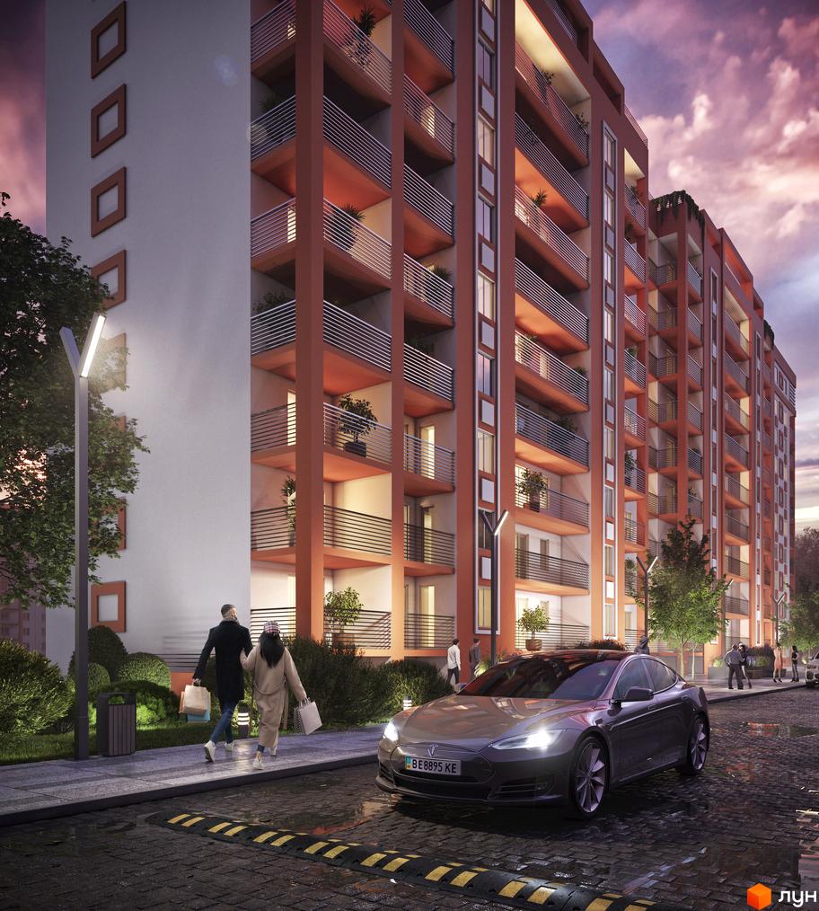 Багатоповерховий будинок Житлового комплексу Апельсин з помаранчевим фасадом та балконами. Прибудинкова територія має освітлення, зелені насадження та пішохідну зону.