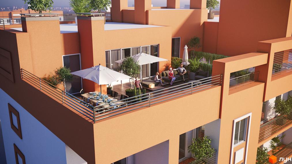 Житловий комплекс Апельсин: тераса з меблями та парасольками. Сучасний будинок з оранжевим фасадом та балконами.