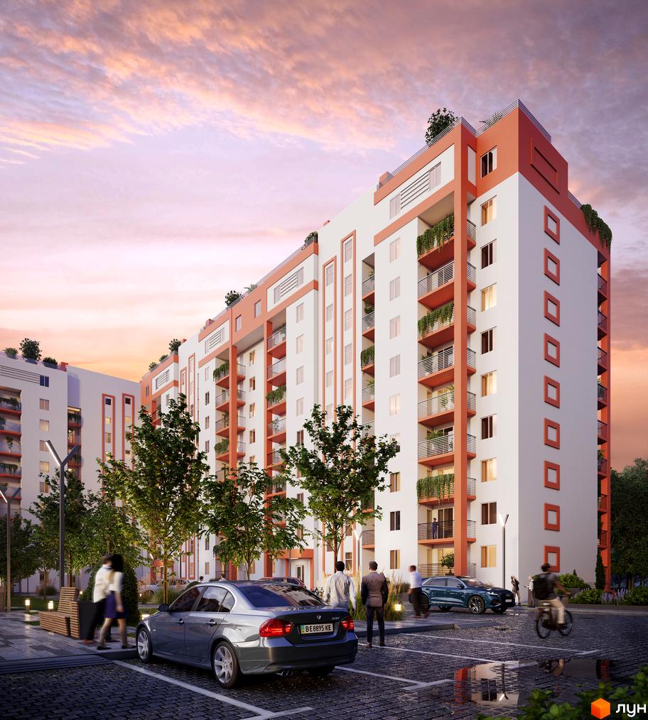 Житловий комплекс Апельсин: біло-помаранчева новобудова з балконами та зеленню. Прибудинкова територія з парковкою, деревами та людьми.