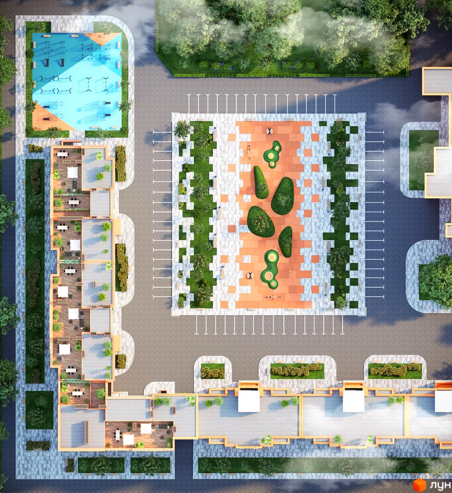 Житловий комплекс Апельсин: вид зверху на будівлі з терасами, дитячий майданчик та паркінг. Озеленена прибудинкова територія з зонами відпочинку.