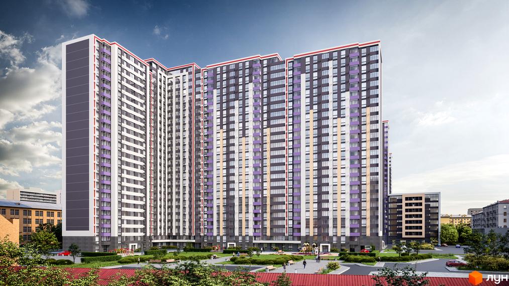 Житловий комплекс OK'LAND з багатоповерховими будинками, що мають фасади сірого, білого та фіолетового кольорів. Прибудинкова територія облаштована зеленими насадженнями, доріжками та дитячим майданчиком.