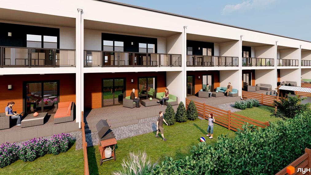 Зовнішній вигляд котеджного містечка КМ Династія з терасами та балконами. На прибудинковій території розташовані зелені зони та дитячий майданчик.