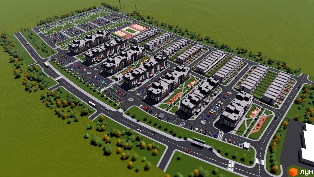 Котеджне містечко Династія: вид зверху на багатоповерхові будинки з сірими фасадами та прибудинкову територію з парковками та зеленими зонами.