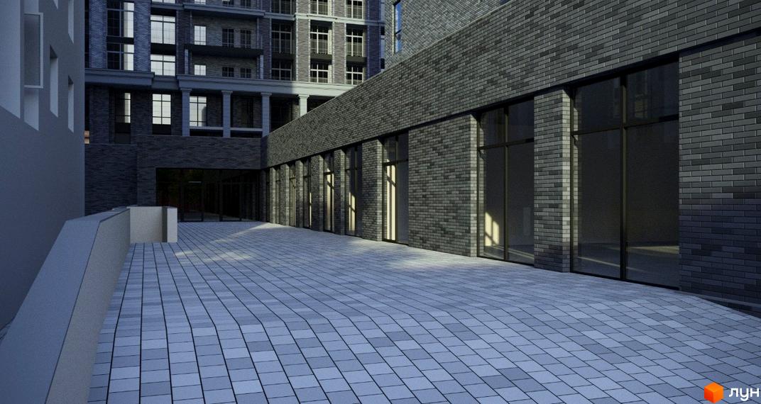 Фасад Житлового комплексу Premier Tower з темно-сірої цегли та великими вікнами. Прибудинкова територія викладена світло-сірою тротуарною плиткою.