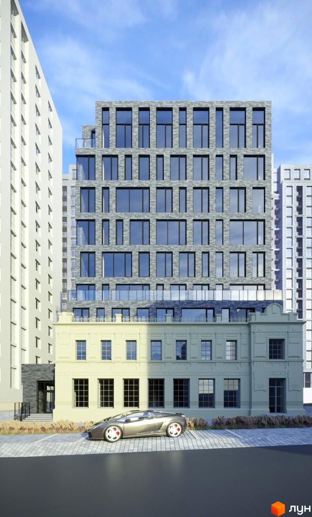 Житловий комплекс Premier Tower: будинок з сірою цеглою та вікнами, що інтегрований з нижньою спорудою. Прилегла територія має бруківку та автомобіль.