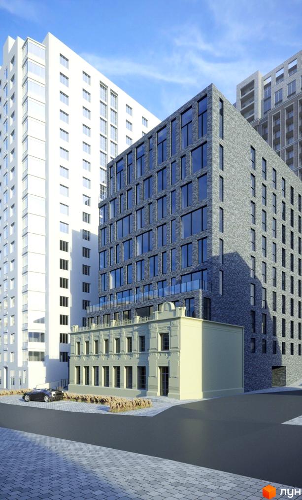 Житловий комплекс Premier Tower: високі будинки світлого та темно-сірого кольору з великими вікнами. Прилегла територія з дорогою, бруківкою та зеленню.