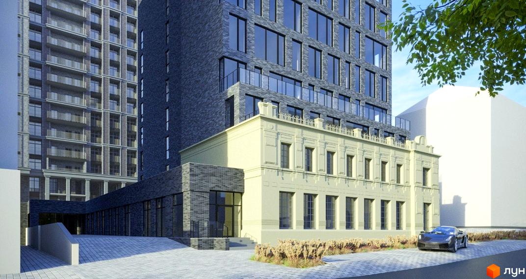 Житловий комплекс Premier Tower: висока будівля з темної цегли та світлою двоповерховою спорудою. На території є бруківка та рослини.