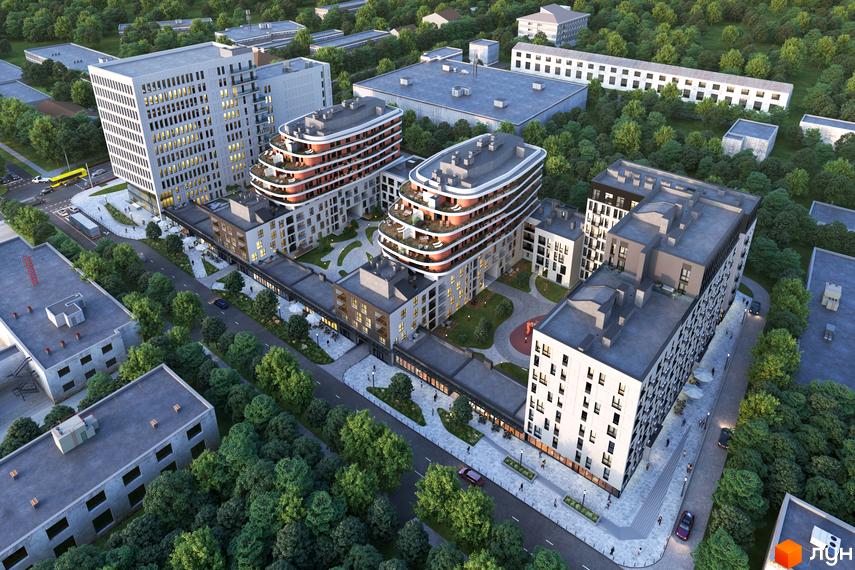 Житловий комплекс Viking Park: архітектура з плавними лініями та відкритими балконами, упорядкована прибудинкова територія з пішохідними доріжками та зеленими зонами.