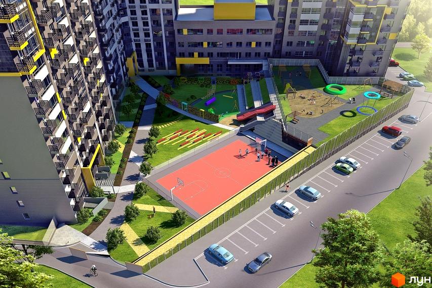 Вигляд з висоти на Житловий комплекс Campus з баскетбольним майданчиком та дитячим ігровим комплексом. Навколо будинку парковка та зелені зони.