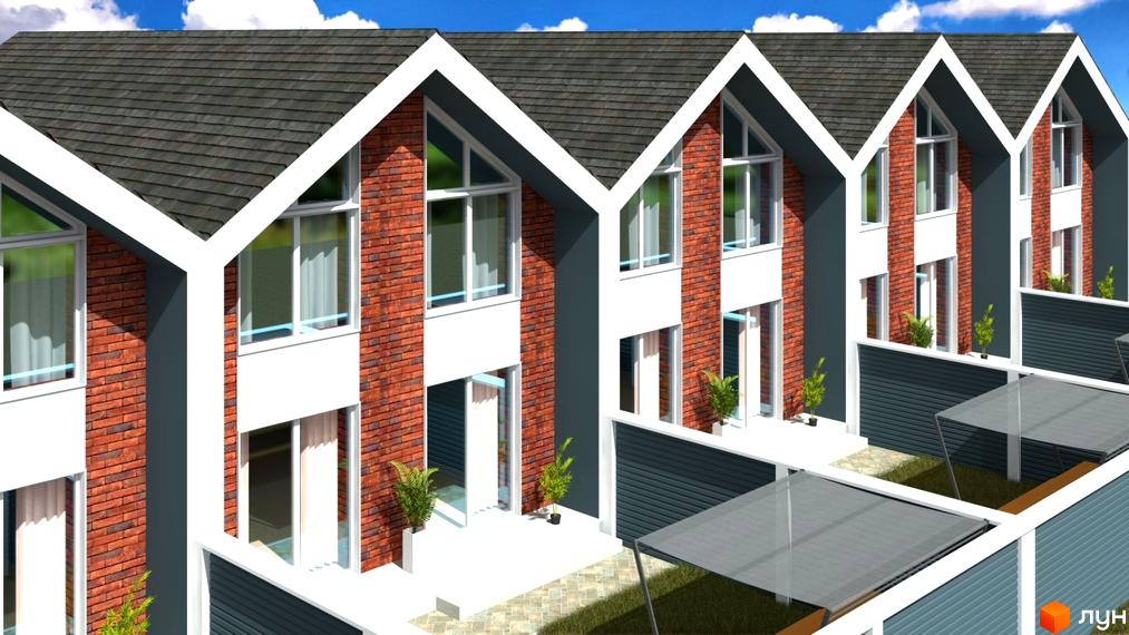 Зображення таунхаусів Grass House 2 з червоної цегли з темним дахом і великими вікнами. Подвір'я з зеленими насадженнями.