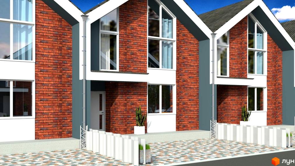 Зображення фасаду таунхаусів Grass House 2 з червоної цегли та великими вікнами, а також прибудинкової території з огорожею.