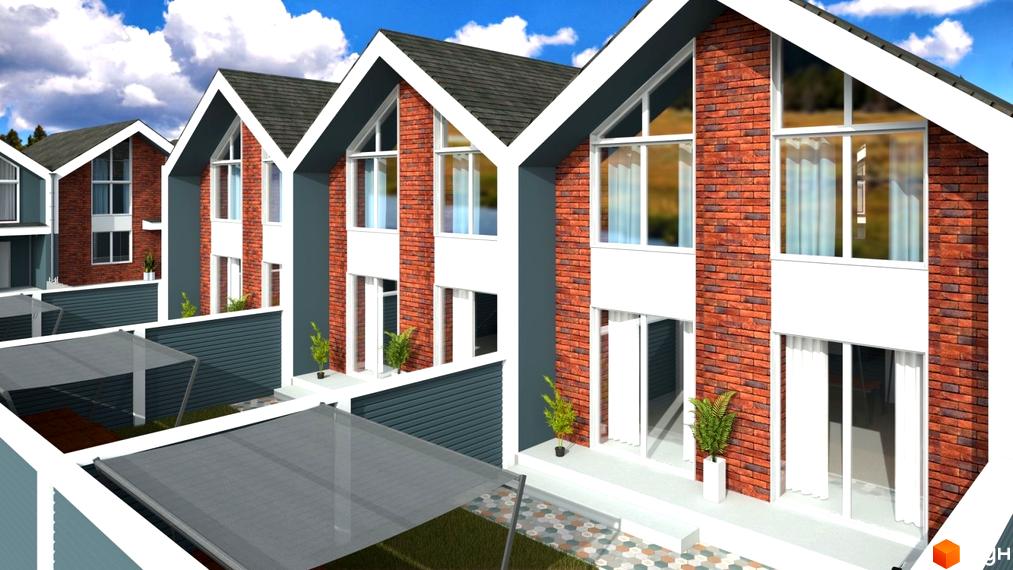 Зображення таунхаусів Grass House 2 з червоної цегли з великими вікнами та облаштованою прибудинковою територією.