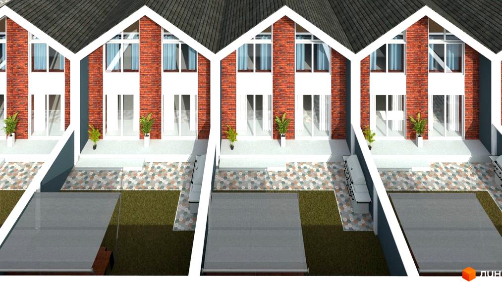 Ряд Таунхаусів Grass House 2 з червоної цегли, білим оздобленням та темними дахами. Прибудинкова територія має патіо, плиткові доріжки та газони.