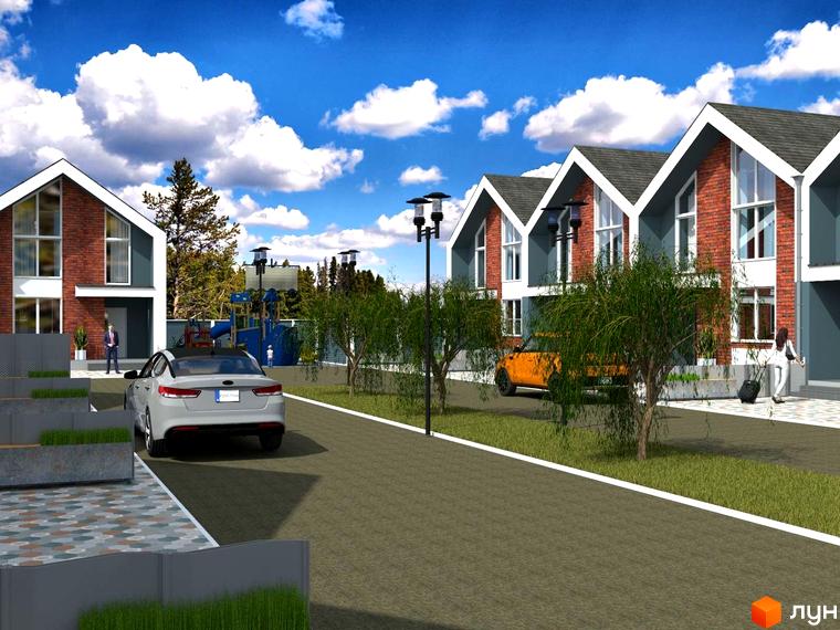 Таунхауси Grass House 2 з червоної цегли та сірими фасадами, великими вікнами. Навколо будинків доріжка, зелені насадження та дитячий майданчик.