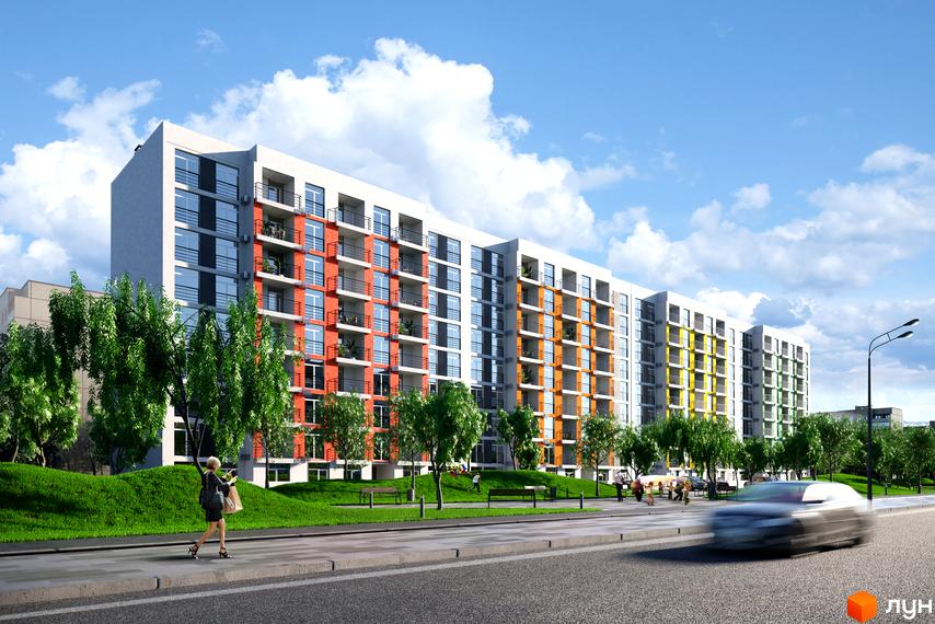 Зображення фасаду та прибудинкової території Житлового комплексу Vesna. Багатоповерховий будинок з балконами та зеленою зоною.