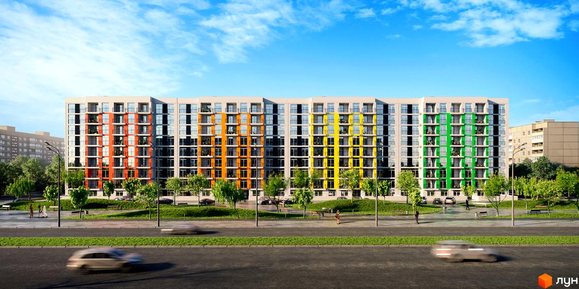 Зовнішній вигляд Новобудови Vesna з різнокольоровими балконами та зеленою прибудинковою територією. Вигляд фасаду будинку.