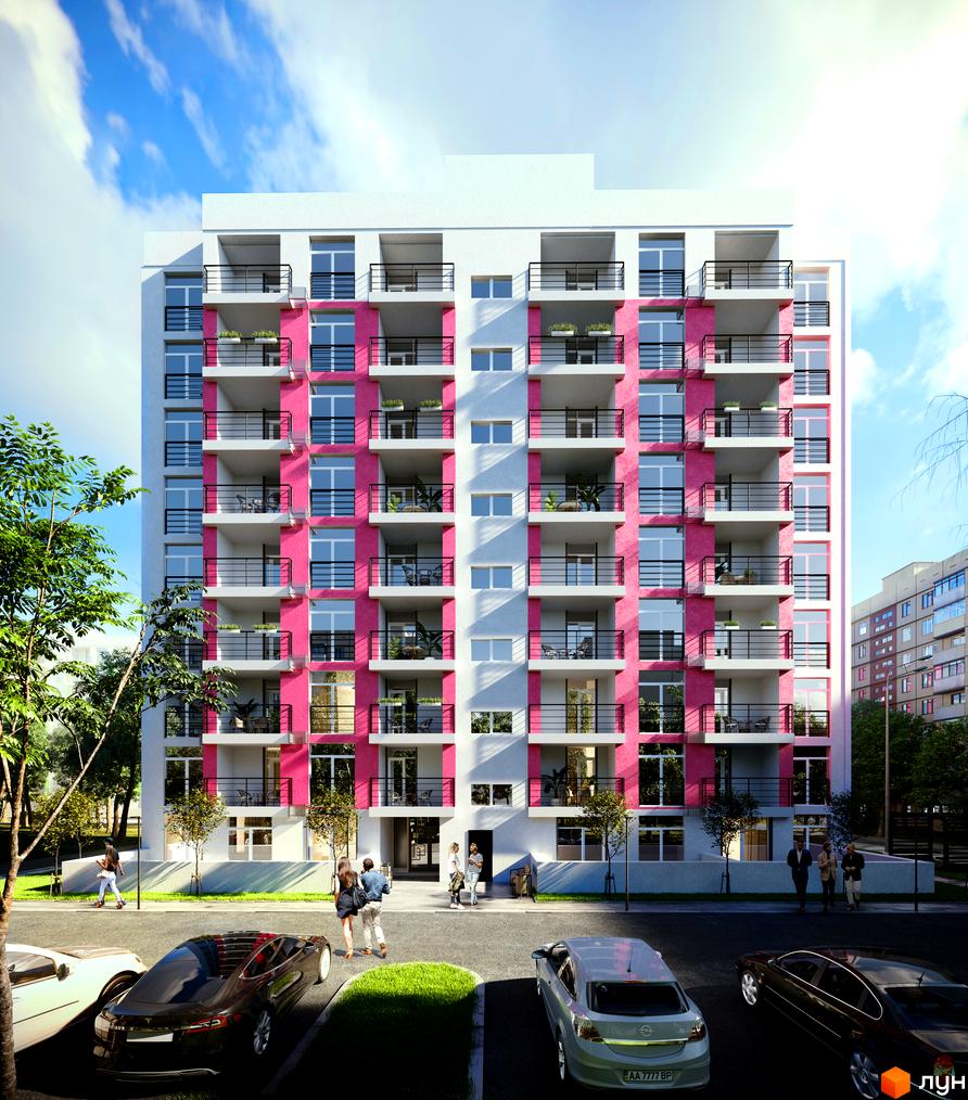 Зображення фасаду багатоповерхового будинку в Житловому комплексі Vesna з балконами та припаркованими автомобілями.