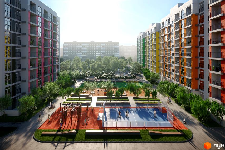 Зображення фасаду багатоповерхового будинку в Житловому комплексі Vesna з дитячим майданчиком та спортивною зоною.