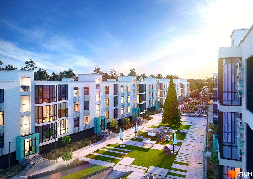 Житловий комплекс Ібіс. Фасади будинків з великими вікнами та бірюзовими акцентами, упорядкована прибудинкова територія з зеленими зонами та місцями для відпочинку.