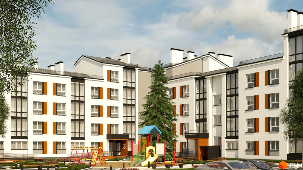 Зображення сторінки ЖК Grand Comfort. Білі будинки з великими вікнами та помаранчевими ставнями, облаштований дитячий майданчик та зелені насадження.