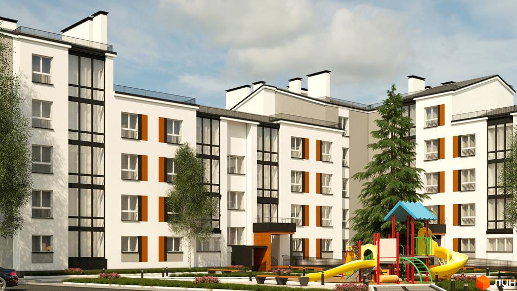Житловий комплекс Grand Comfort з білими фасадами та великими вікнами. На території є дитячий майданчик та зелені насадження.