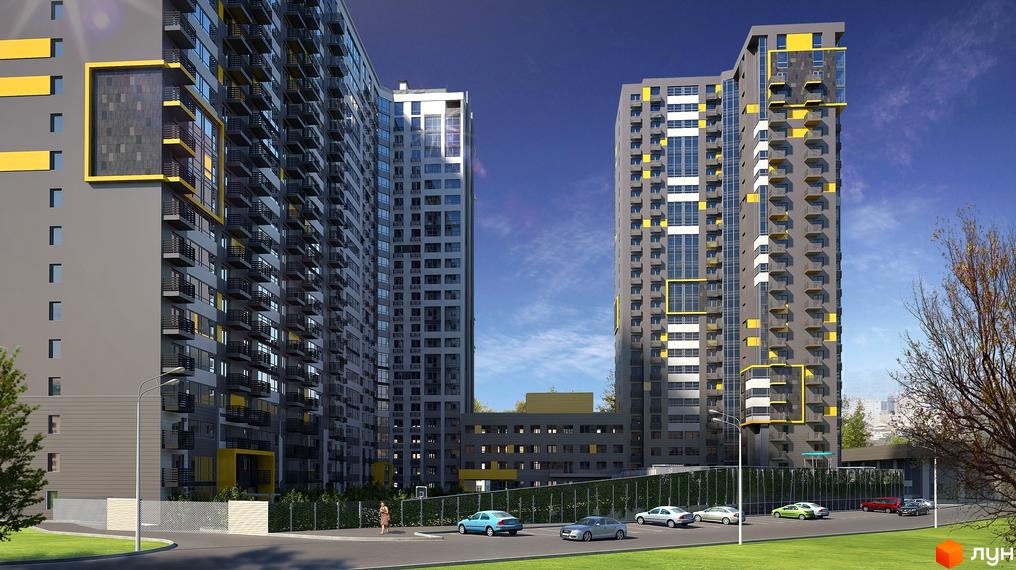 Зображення фасаду та прибудинкової території Житлового комплексу Campus. Багатоповерхові будинки з балконами, парковка та зелені насадження.