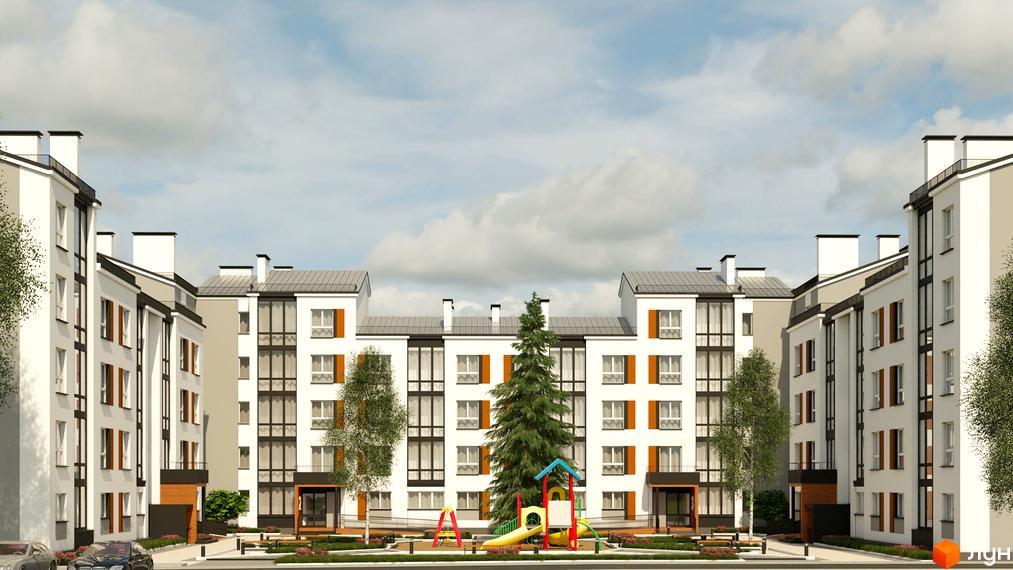 Зображення ЖК Grand Comfort. Білі будинки з великими вікнами та помаранчевими акцентами. На території дитячий майданчик та дерева.