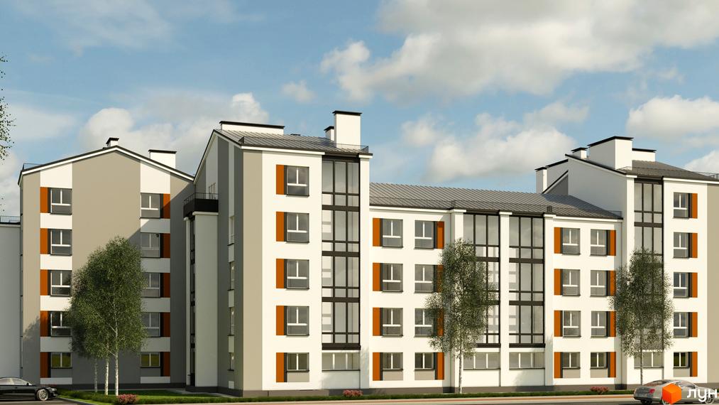 Зображення сторінки ЖК Grand Comfort. Біло-сірий будинок з великими вікнами та помаранчевими ставнями, поруч дерева та припарковані автомобілі.