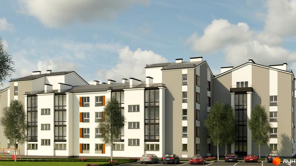 Зображення сторінки житлового комплексу Grand Comfort. Багатоповерховий будинок з білими та сірими фасадами, великими вікнами та прибудинковою територією з парковкою та деревами.