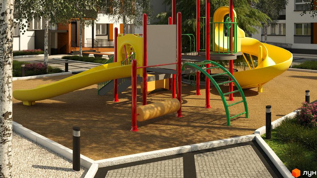 Дитячий майданчик у дворі Житлового комплексу Grand Comfort. Жовті гірки, сходи, пісочниця та зелені насадження.
