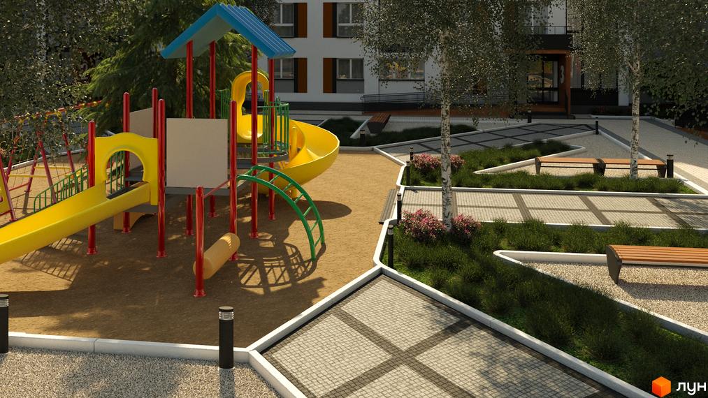 Дитячий майданчик у дворі Будівельний проєкт Grand Comfort. Жовті гірки, зелені сходи та лавки для відпочинку біля будинку.