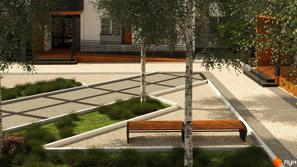 Житловий комплекс Grand Comfort з фасадом світлого кольору, вхідною групою та доглянутою прибудинковою територією з деревами, газонами та лавками.