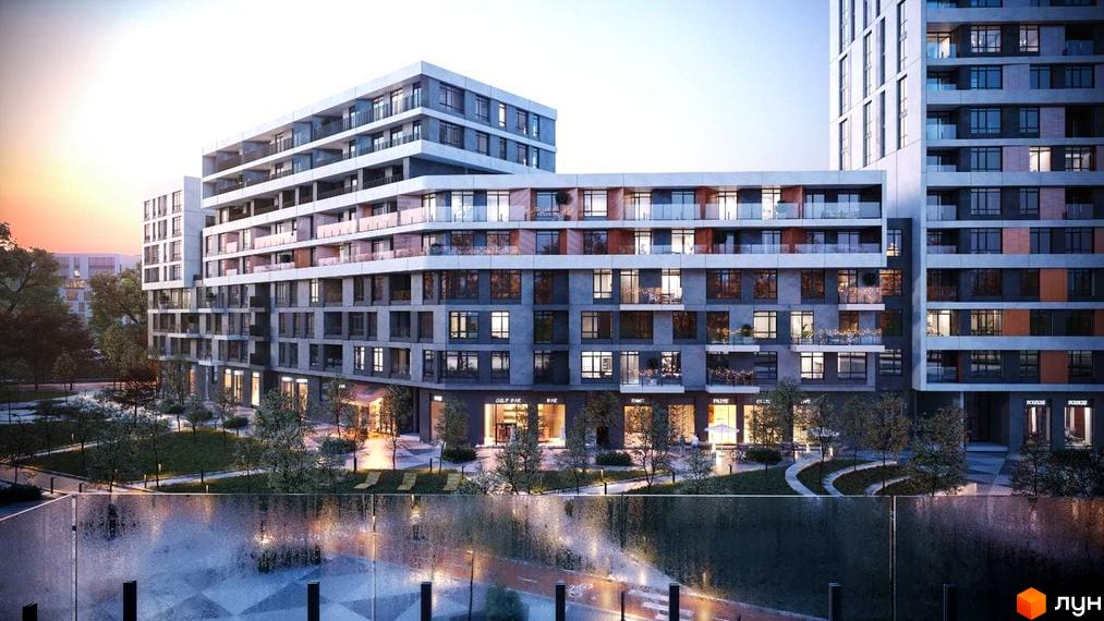 Житловий комплекс Respublika з багатоповерховими будинками, великими вікнами та комерційними приміщеннями на першому поверсі. Прибудинкова територія має зелені насадження та доріжки.